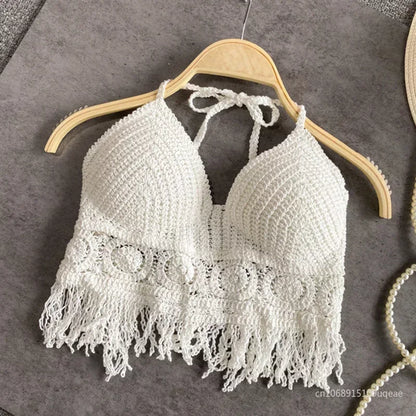 Sexy Hollow Out Underwear Women Summer Beach Short Tank Top Women Sweet Knitted Bra Tassel Women Short Top Debardeur Femme [UND]