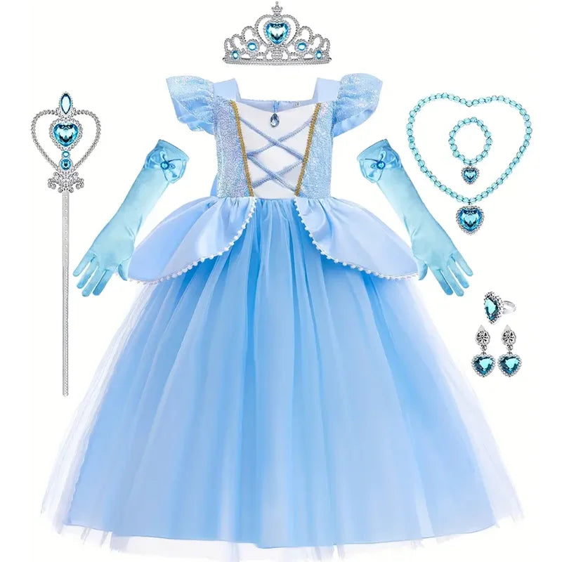 Cinderela Cosplay Costume Kids Clothes for Girls Sequins Princess Dress with Crown Gloves Birthday Party Ball Gown 3-10 Years [COS]