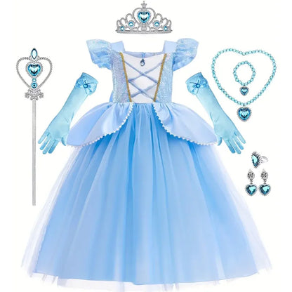 Cinderella Cosplay Costume Kids Clothes for Girls Sequins Princess Dress with Crown Gloves Birthday Party Ball Gown 3-10 Years [COS]