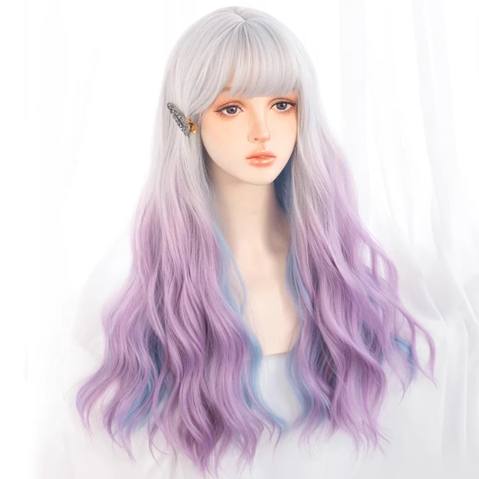 HUAYA Synthetic Ombre Purple Color Lolita Long Wavy Curly Wigs With Bangs Cute Girl Daily Party Cosplay Wig Heat Resistant Fiber [LOL]