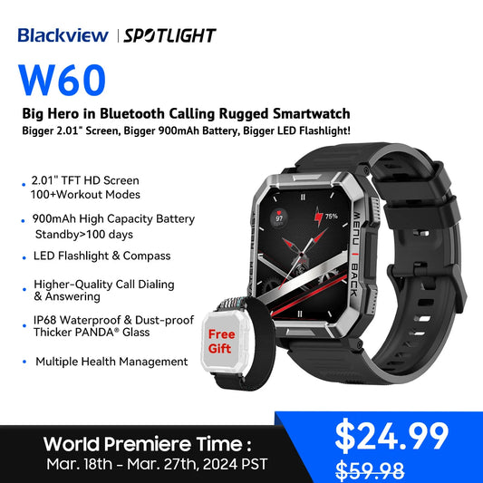 Blackview W60 Smartwatch 2.01'' HD Display TFT Rugged Smart Watch for Outdoor With Emergency Lighting Bluetooth Calling [SWH]