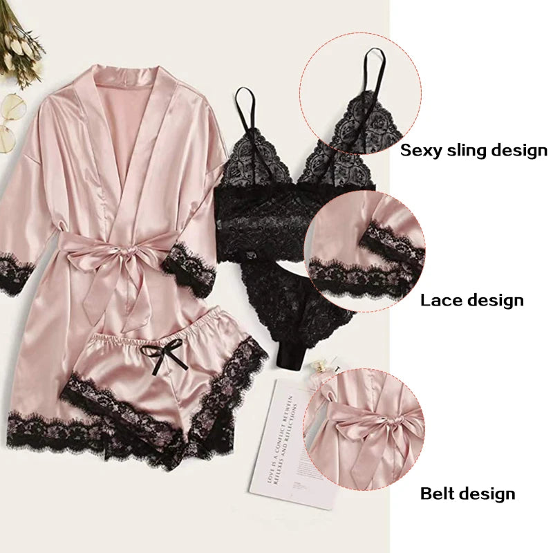 4 Pieces Woman Sleepwear Pajamas Ser With Robe Sexy Lace Lingerie Bathrobe Silk Satin Home Clothed Nightwear Robe [UND]