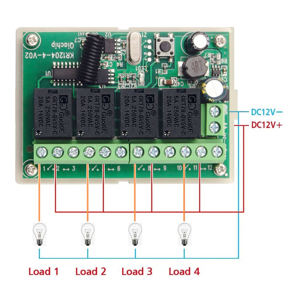 QIACHIP 433.92Mhz DC 6V 12V 24V 10A 4CH Relay Module Receiver EV1527 Wireless Remote Control Switch 433Mhz for DC Motor DIY [HAP]