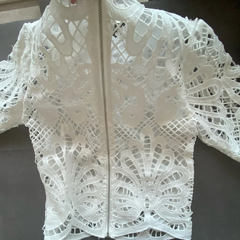 Elegant Women's Long Sleeve Lace Blouses Tops White Crochet Hollow Out Turtleneck Stylish Cropped Shirts Female Pullovers 16296 [WOM]