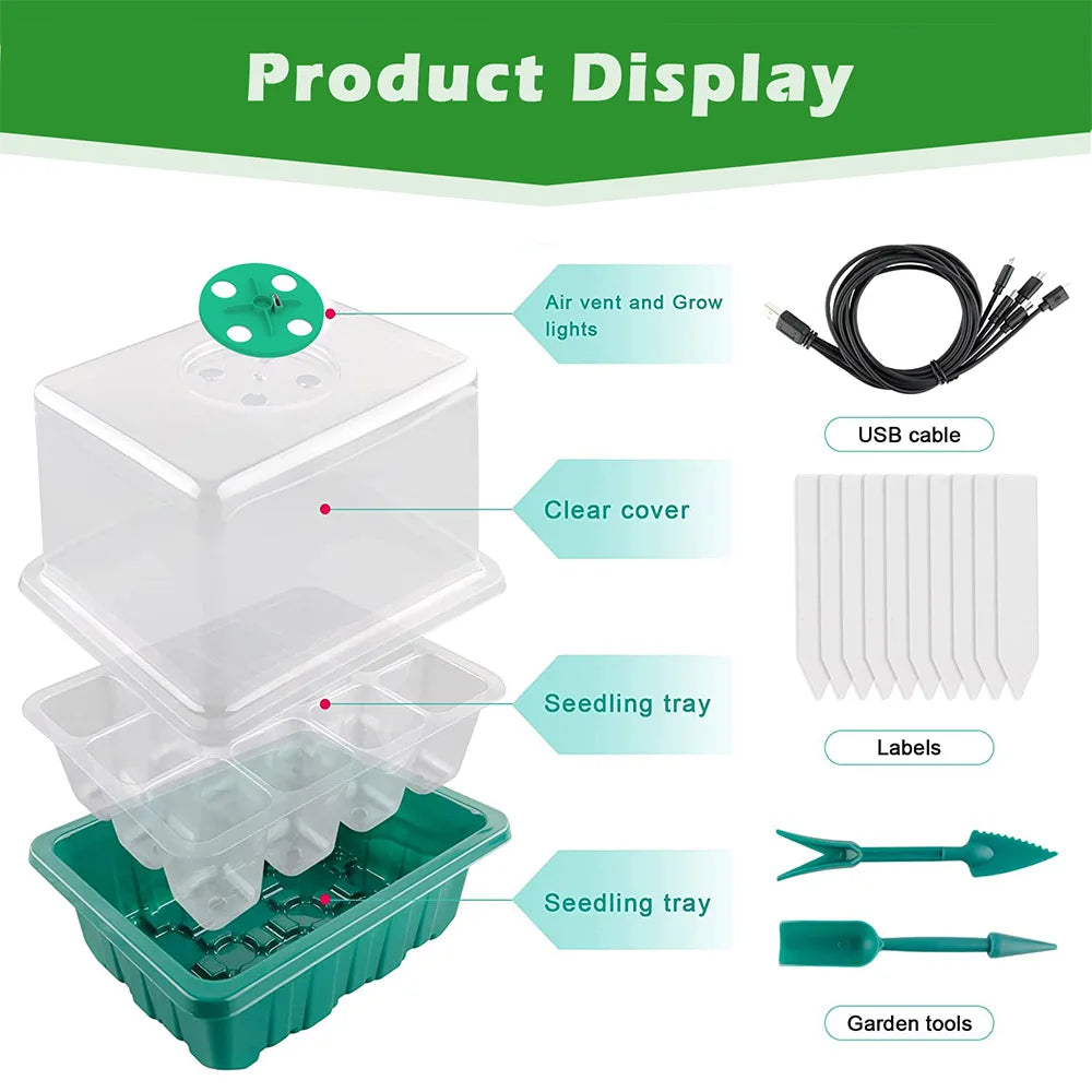 Full Spectrum LED Grow Light with Seedling Tray Plant Seed Starter Trays Home Greenhouse Growing Lamp with Hole 12 Cell Per Tray [GAR]