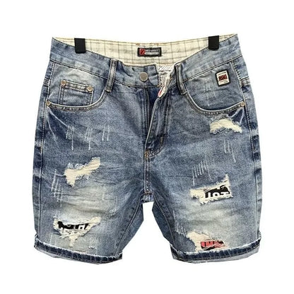 Men's Loose Fitting Straight Hole Denim Shorts Fashion Brand Summer Cut Torn Jeans Shorts [MEN]