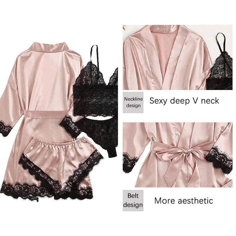 4 Pieces Woman Sleepwear Pajamas Ser With Robe Sexy Lace Lingerie Bathrobe Silk Satin Home Clothed Nightwear Robe [UND]