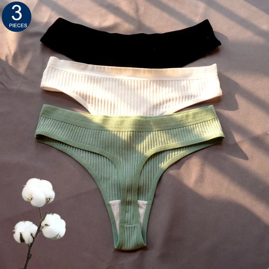 3 Pcs Seamless Ladies Ribbed Cotton Thong Simple Women's Low Waist Bikini Briefs Sports Girls Underwear Plus Size [UND]