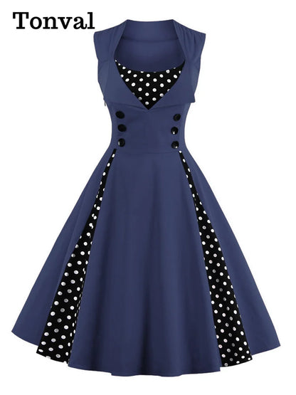 Tonval Elegant Polka Dot Sleeveless Pinup Vintage Retro Dress Women Button High Waist Summer Party 4XL 5XL Cotton Dresses [WOM]