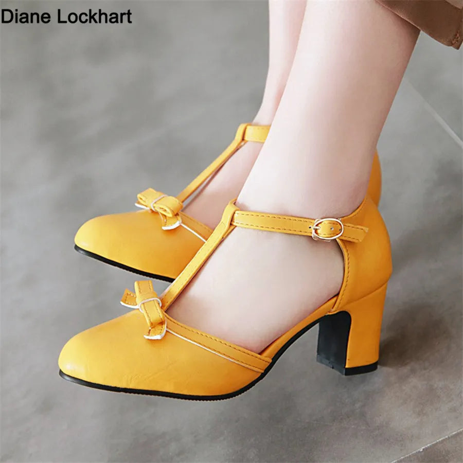 New Women Mary Janes Pumps T-Strap Ladies 6.5cm Spike Heels Shoes Sweet Bowtie Lolita Buckle Strap Wedding Bridal Shoes 34-43 [LOL]