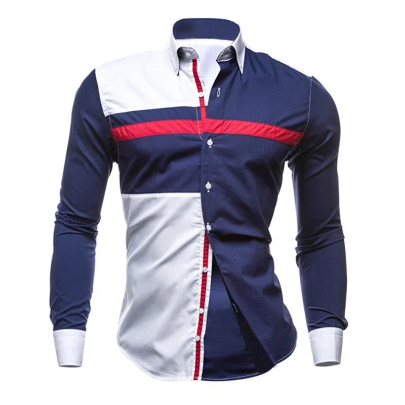 Men Long Sleeve Shirt 2023 Spring Striped Shirts Slim Fit Male Casual Social Patchwork Shirt Turn-down Collar Camisa Masculina [MEN]