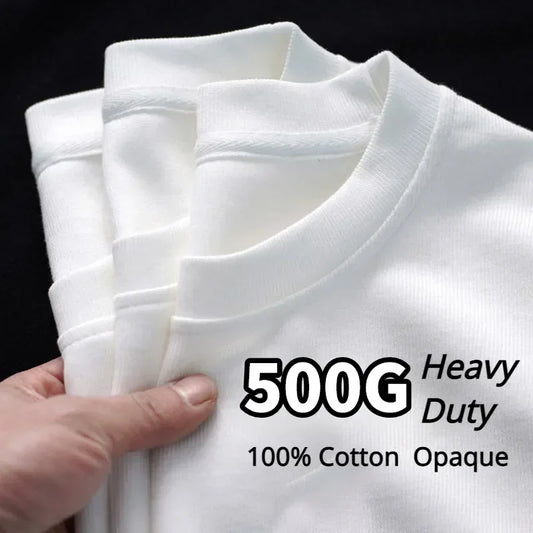 Black White GSM 500g Heavy-duty Pure Cotton T-shirt Thickened Threaded Round Neck Short Sleeves Three Needle Half Sleeve Tees [TSH]