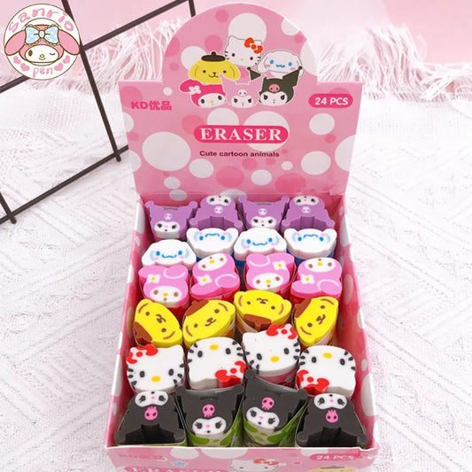 Sanrio Cartoon Eraser 12/24pcs Kawaii Kuromi Melody Hello Kitty Cinnamoroll Strip Eraser Stationery Rubber Primary Students Gift [STA]