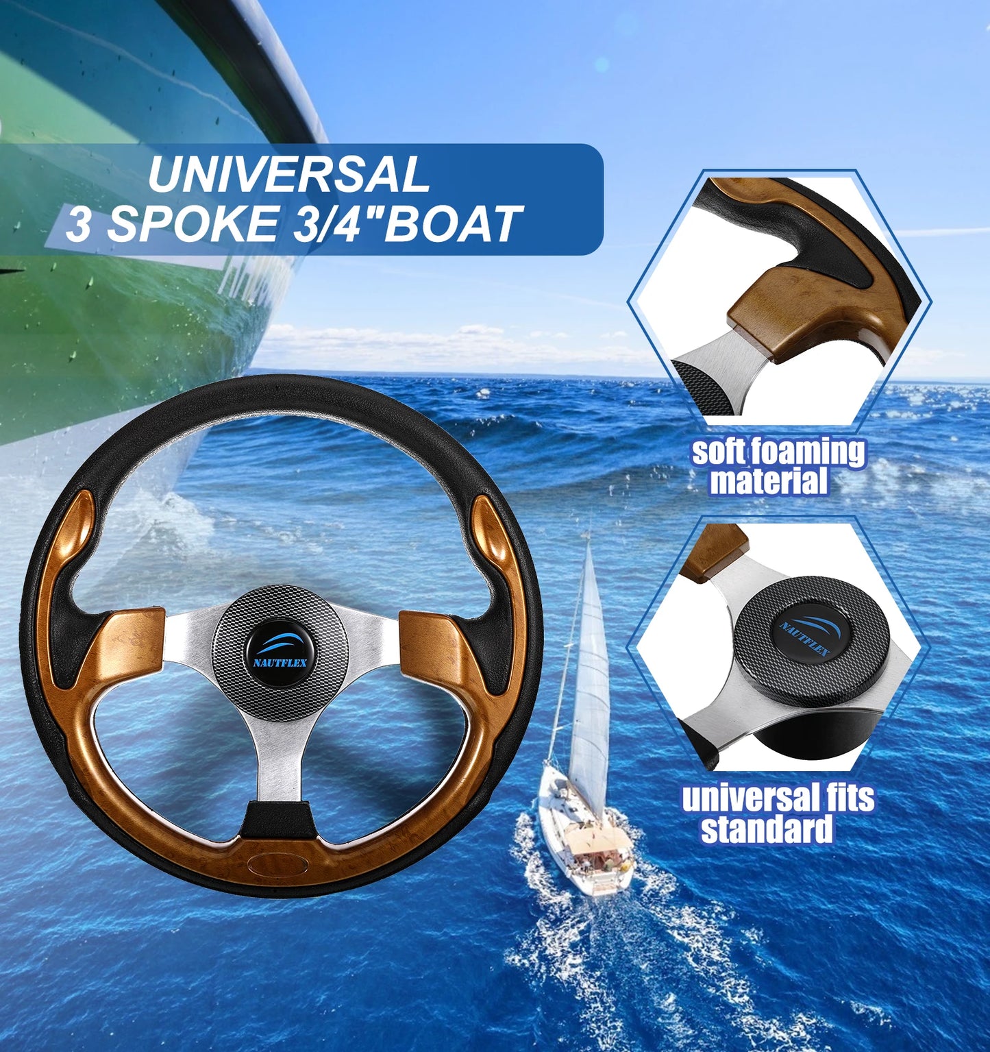 Boat Steering Wheel Alloy 3 Spokes Non-directional PU Foam Grip Anti-rust Detachable Helm Rowing Boats Accessories Part [MRN]