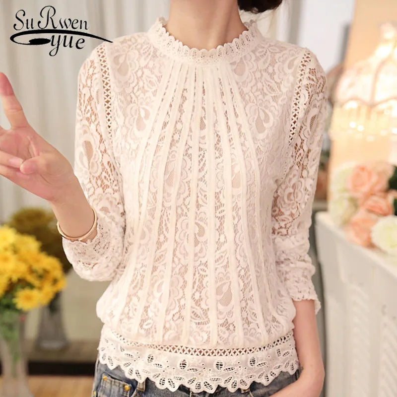 Spring Autumn New Ladies White Blusas Women's Long Sleeve Chiffon Lace Crochet Tops Blouses Women Clothing Feminine Blouse 51C [WOM]