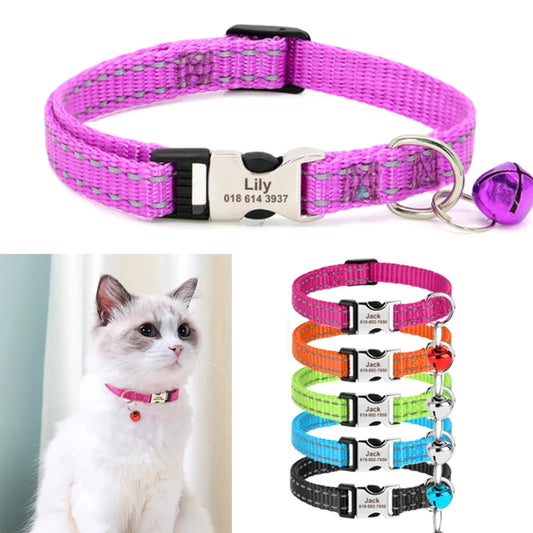 Engraved Custom Cat Collar Reflective Kitten Puppy Collars with Bell Personalized Pet Cats Collar Necklace Accessories 1cm Width [PET]