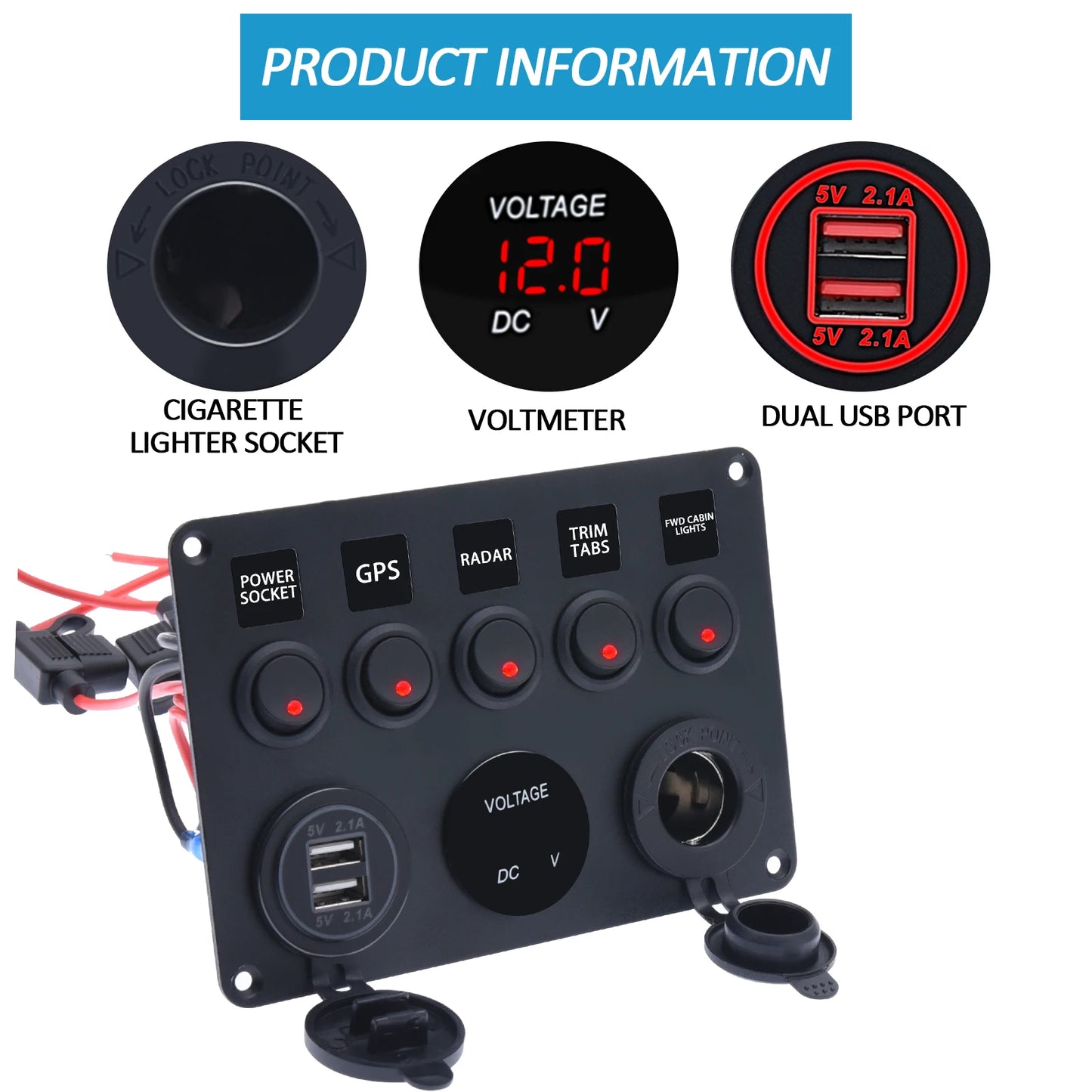 LED Rocker Switch Panel With Digital Voltmeter Dual USB Port 12V Outlet Combination Waterproof Switches For Car Marine Boat [MRN]