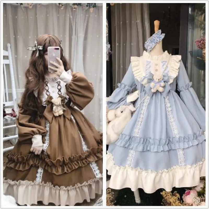 Japanese Gothic Vintage Lolita Dress for Women Cute Bow Bear Lace Blue Dresses Long Sleeve Princess Dress Halloween Costume [LOL]