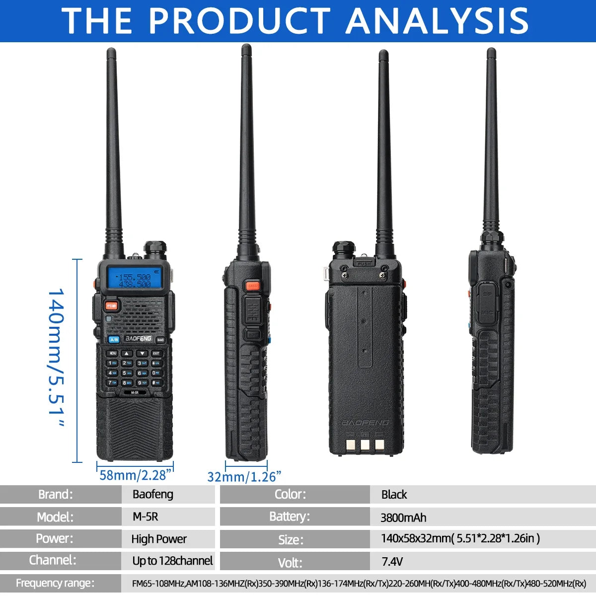 1/2PCS Baofeng M-5R Walkie Talkie Air Band 3800mAh Battery Wireless Copy Frequency Long Range AM  Ham UV-5R K5 Two Way Radio [TEL]