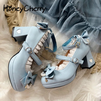 Lolita Shoes Women High Heels Pearl Lace Edge Straps Bow Cute Girls Princess Tea Party Shoes Students Lovely Shoes Size 35-40 [LOL]