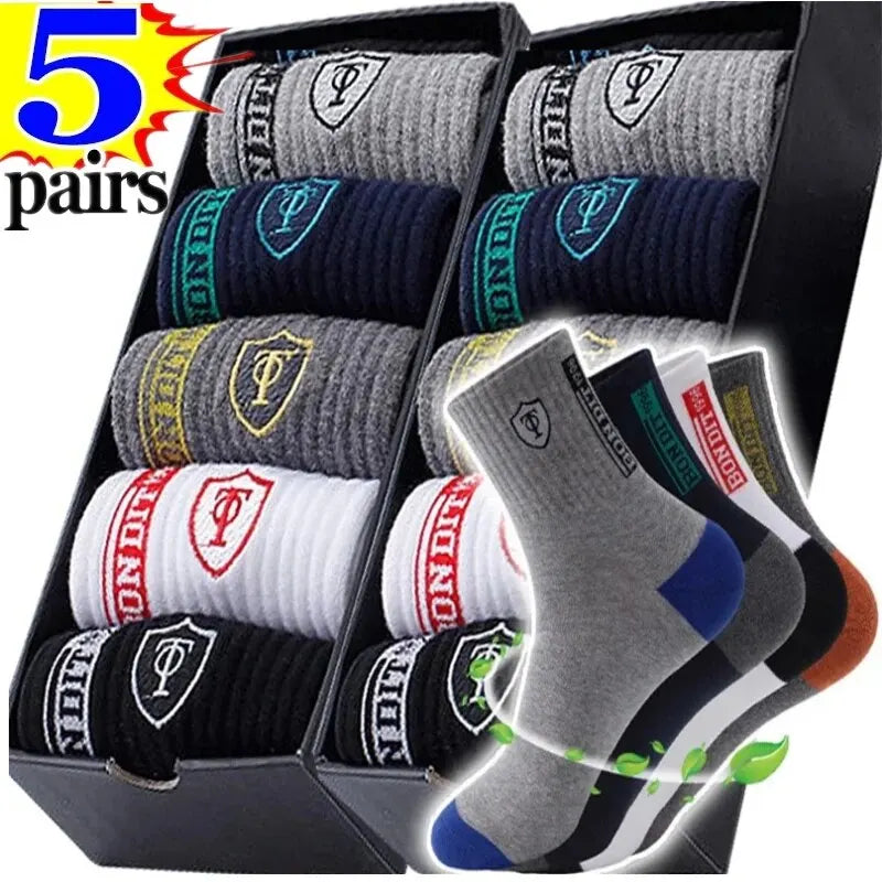 5Pairs Breathable Cotton Sports Stockings Men Bamboo Fiber Autumn and Winter Men Socks Sweat Absorption Deodorant Business Sox [SOX]