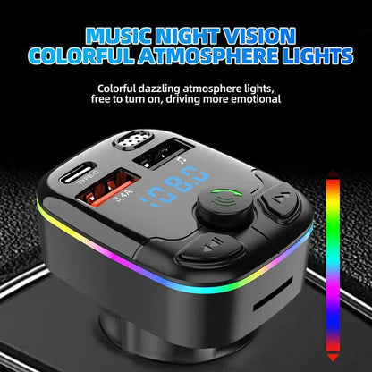 Car Bluetooth 5.0 FM Transmitter PD Type-C Dual USB 3.1A Fast Charger Colorful Ambient Light Handsfree MP3 Modulator Player [CAR]