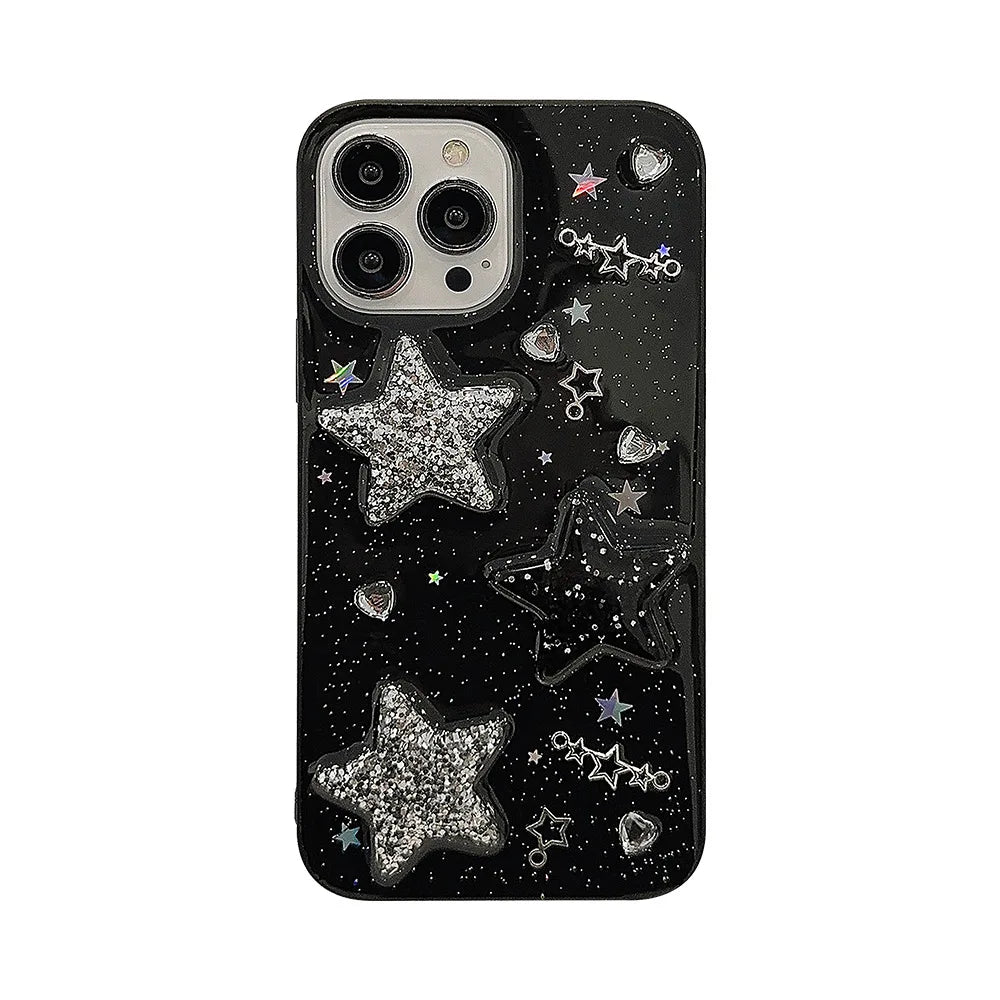 Black 3D Sparkling Pink Star Phone Case For iPhone 15 14 13 12 11 Pro Max X XR XSMAX 7 8 Plus SE TPU Case Cover New Products [PHC]