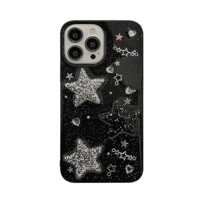 Black 3D Sparkling Pink Star Phone Case For iPhone 15 14 13 12 11 Pro Max X XR XSMAX 7 8 Plus SE TPU Case Cover New Products [PHC]