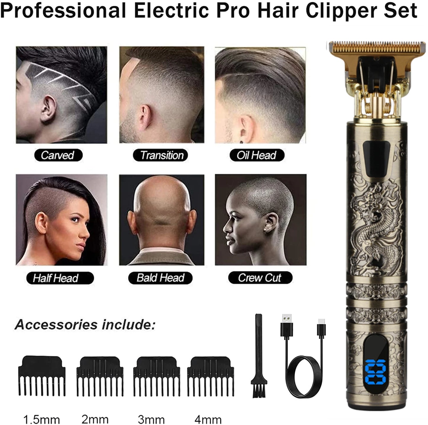 T9 LCD Electric Hairdresser Oil Shaving Head Electric Pusher Carving Electric Pusher Clipper Hair Precision Trimmer for Men Care [HAI]