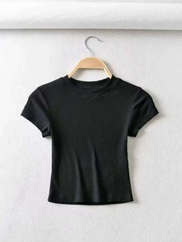 Summer Sexy Women O-neck Short-sleeve T-shirt Slim Elastic Skinny Crop Tops [TSH]