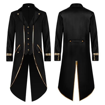 Halloween Tuxedo Men's Gothic Jacket Steampunk Tailcoat Long Coat Halloween Medieval Costume Frock Gold Trim Fit Coat [MEN]