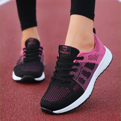 Women Casual Shoes Breathable Walking Mesh Lace Up Flat Shoes Sneakers Women Tenis Feminino Pink Black White [SHO]