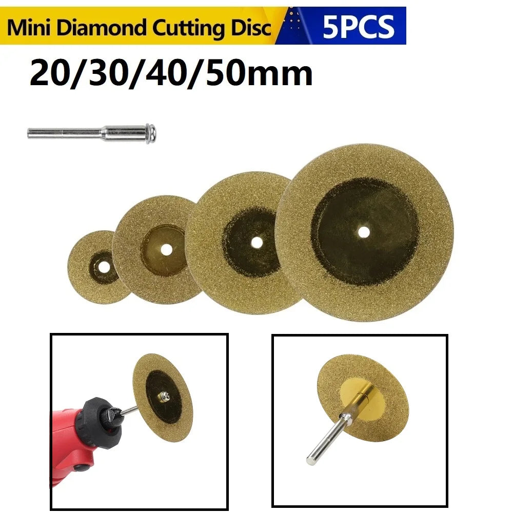 5 PCS Mini Diamond Cutting Disc & 3mm Shank Mandrel Set For Dremel Rotary Tools Accessories TiN Coated Circular Saw Blade [PTO]