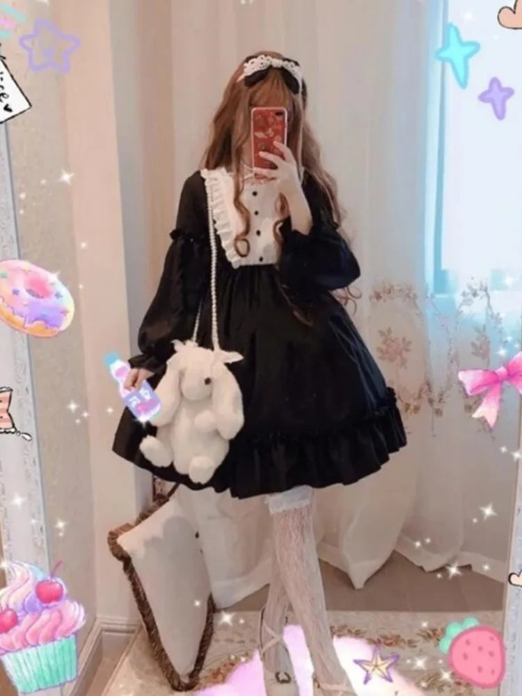 Cute Women's Lolita OP Dress Japanese Harajuku Long Sleeves Victorian Dress Vestidos Gothic Lolita Cosplay Maid платье лолита [LOL]