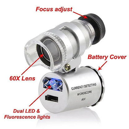 Portable Mini Pocket 60X Microscope Handheld Magnifying Glass Loupe UV Light Currency Detector Jeweler Magnifier with LED Light [MTL]