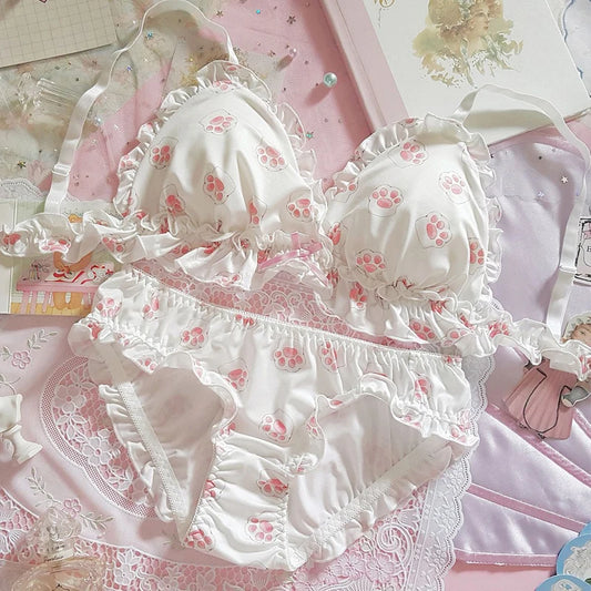 Underwear Set Women Kawaii Japanese Bra & Panties Set Wirefree Soft Underwear Sleep Intimates Set Cute Lolita Bra and Panty Set [LOL]