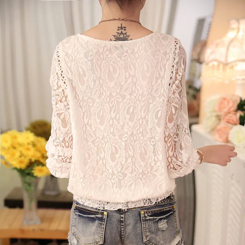 Spring Autumn New Ladies White Blusas Women's Long Sleeve Chiffon Lace Crochet Tops Blouses Women Clothing Feminine Blouse 51C [WOM]