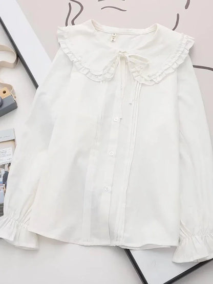 Preppy Lolita Style Women 100% cotton White Shirt Long Sleeve Peter Pan Collar Bowknot  Blouse  JK School Uniform Top [LOL]