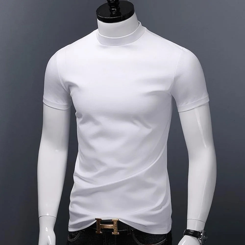 Men's Casual Turtleneck T-Shirts Short Sleeve Solid Slim Fit Silk High Neck Tops Inner Wear Trendy Round Neck Base Layer Shirt [MEN]