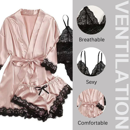 4 Pieces Woman Sleepwear Pajamas Ser With Robe Sexy Lace Lingerie Bathrobe Silk Satin Home Clothed Nightwear Robe [UND]