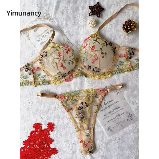 Yimunancy Floral Embroidery Lingerie Set Women Sheer 2-Piece Boho Bra + Panty Underwear Set Intimates [UND]