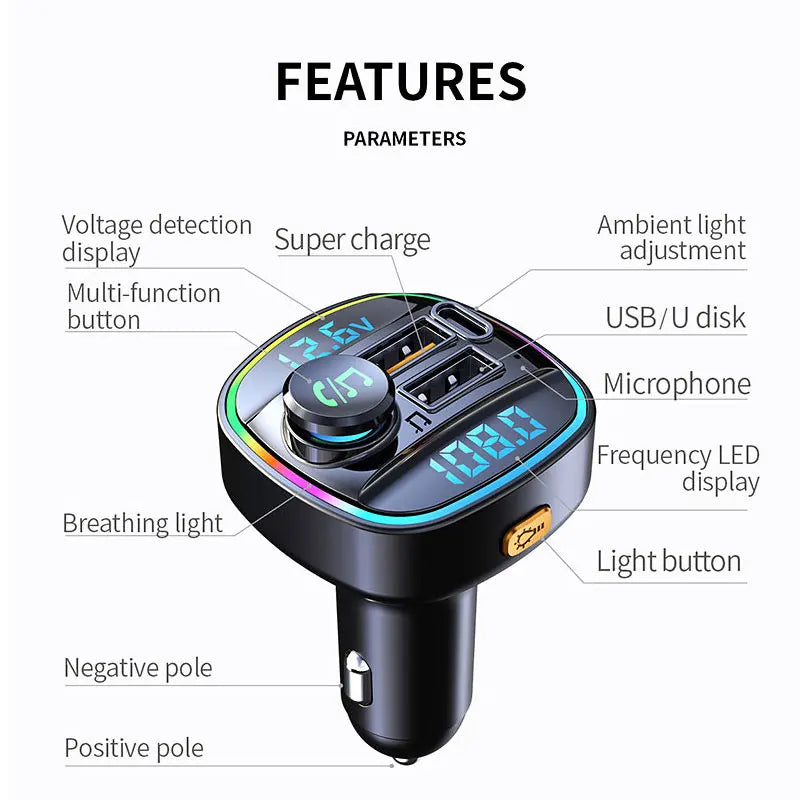 Bluetooth 5.0 FM Transmitter Handsfree Car Radio Modulator MP3 Player With 22.5W USB Super Quick Charge Adapter for Car [CAR]