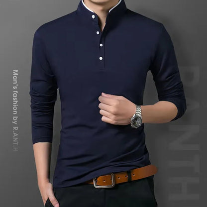 Men's Business Casual Polo Long Sleeve T-shirt Summer Comfortable and Breathable Solid Cotton Top [TSH]