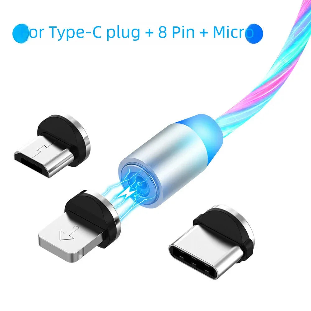 MVQF 3in1 Magnetic Flow Luminous Lighting Charging Mobile Phone Cable Cord Charger Wire for iPhone Samsung LED Micro USB Type C [MOB]