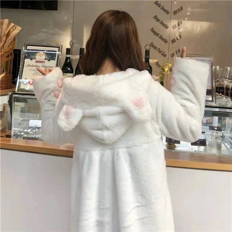 Winter Jacket Women Lolita Fleece-lined Thickened Girl Soft Fabric Kawaii Cat Ear Hat Claw Cute Plush White Coat Youthful Parka [LOL]