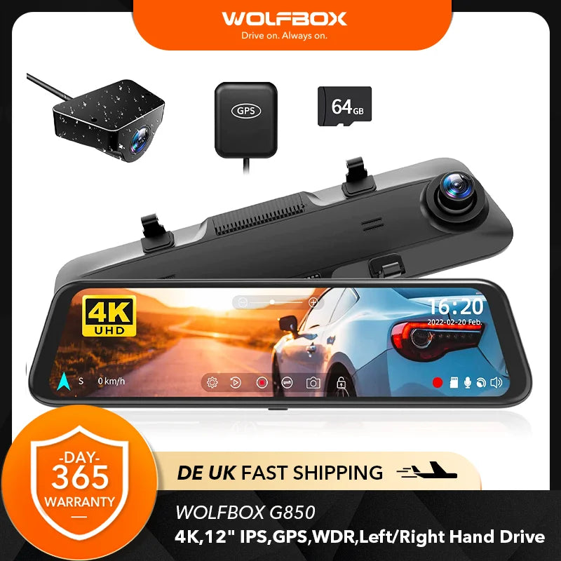 WOLFBOX G850 Front and Rear 4K Dash Cam Car Camera WDR 1080P Dash Camera for Car FOV170 Car Dvr GPS Night Vision 24H Parking [CAR]