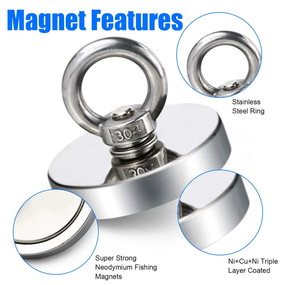 Super Strong Neodymium Fishing Magnet Hook N52 Heavy Duty Rare Earth Magnet with Countersunk Hole Eyebolt 16-90mm Salvage Magnet [MAG]