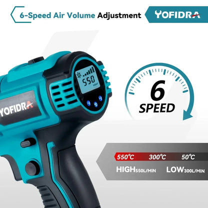 Yofidra 18V 50-550℃ 2500W Heat Gun.High/Low 2 Gears.Wind Speed 6 Gear Optional.With LED Temperature Display Cordless Hot Air Gun [TOL]