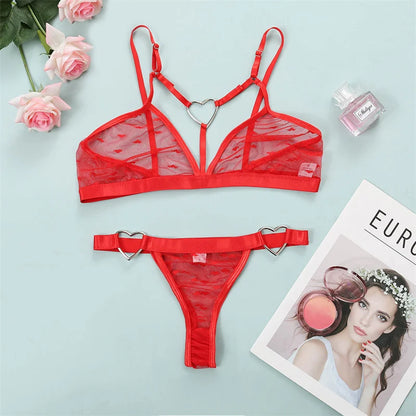 Sexy Bra Set Heart Print Lingerie Set Ring Linked Erotic Lingerie 2 Pcs Women's Underwear Mesh Intimate Transparent Bralette Set [UND]