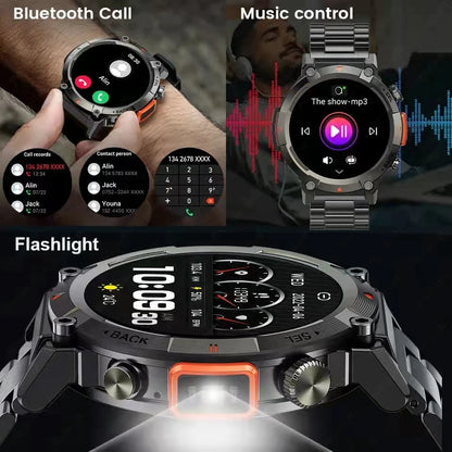 New Outdoor Sports Smart Watch Flashlight 1.45 AMOLED Screen Bluetooth Call For Men Fitness Tracker SmartWatch Android IPhone IOS [SWH]